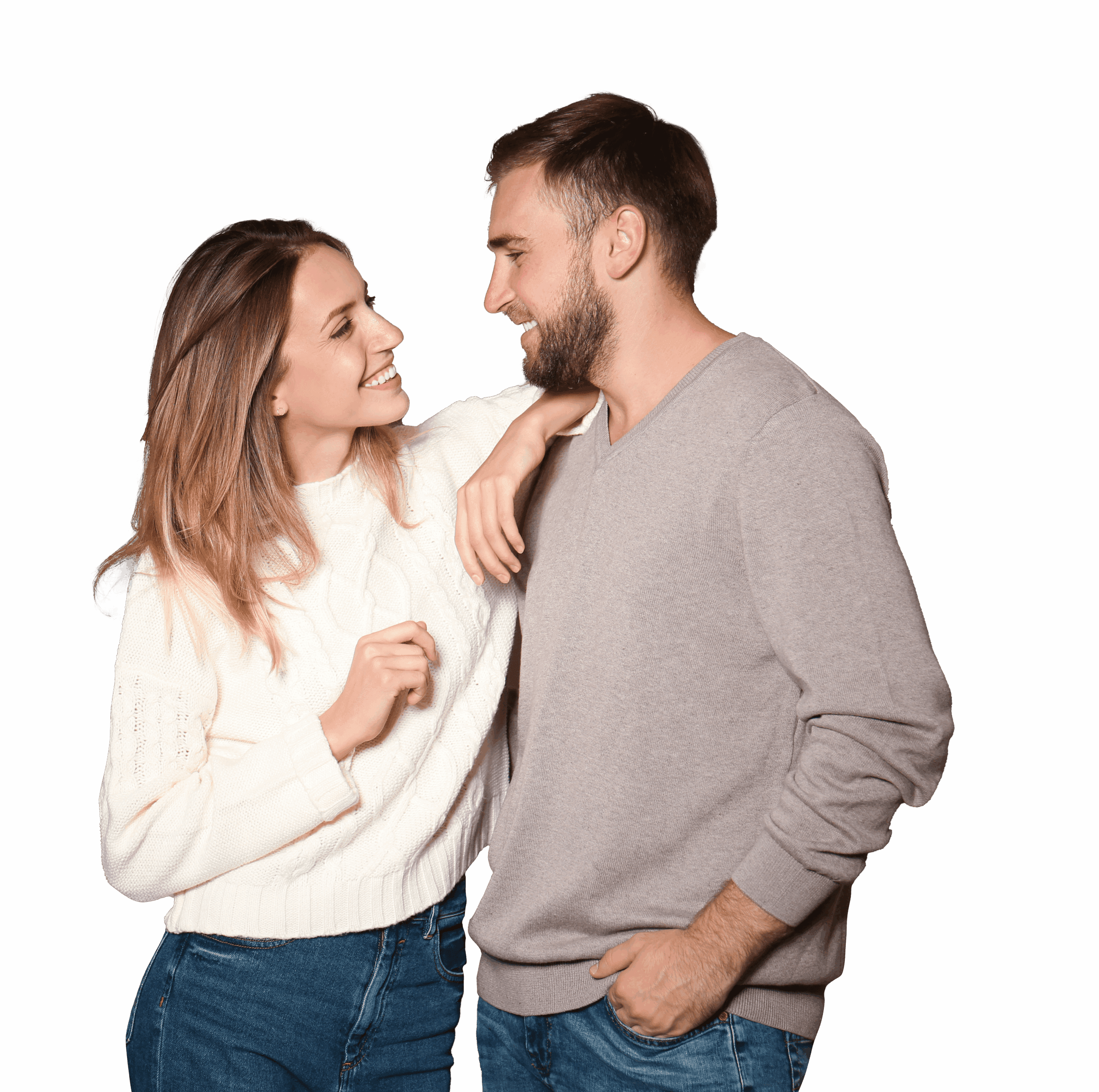A man and woman smile together, reflecting joy and connection